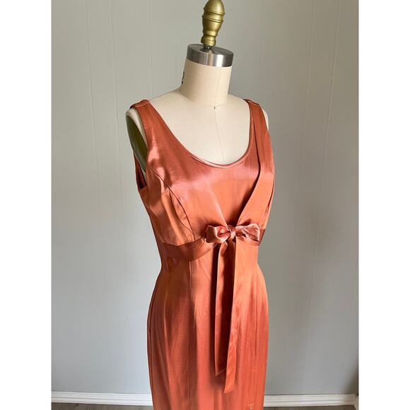 Vintage 90s Y2K Just Choon Peach Copper Satin Dress 7 Maxi Midi Vamp Vixen Shiny - Picture 2 of 16